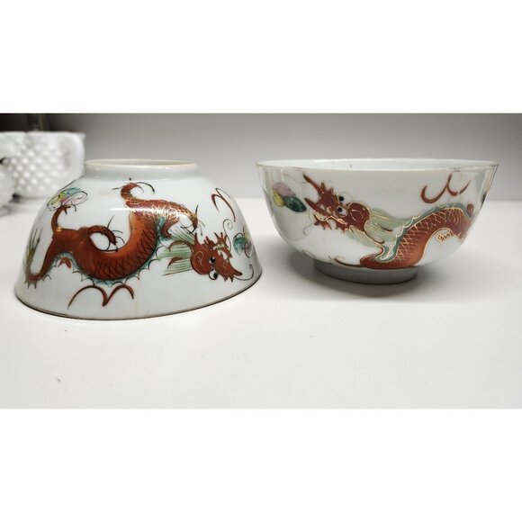 Handpainted Dragonware Vintage Porcelain Rice Bowls Gold Detail Dragon - Picture 4 of 13